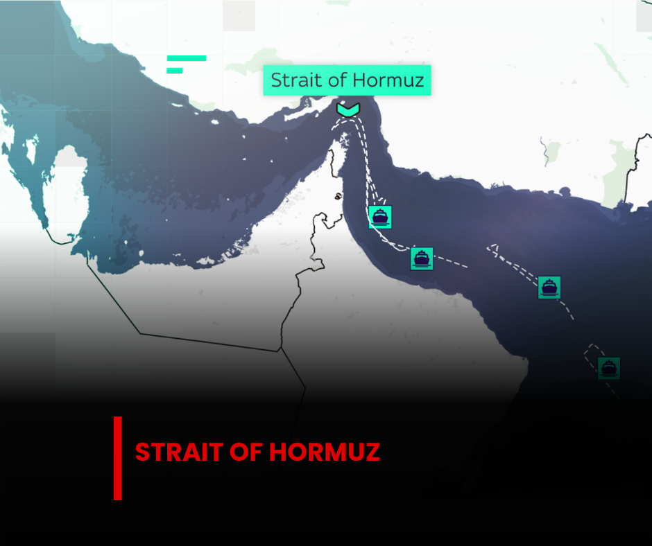 Satellite map of the Strait of Hormuz showing oil tanker routes between the Persian Gulf and Gulf of Oman