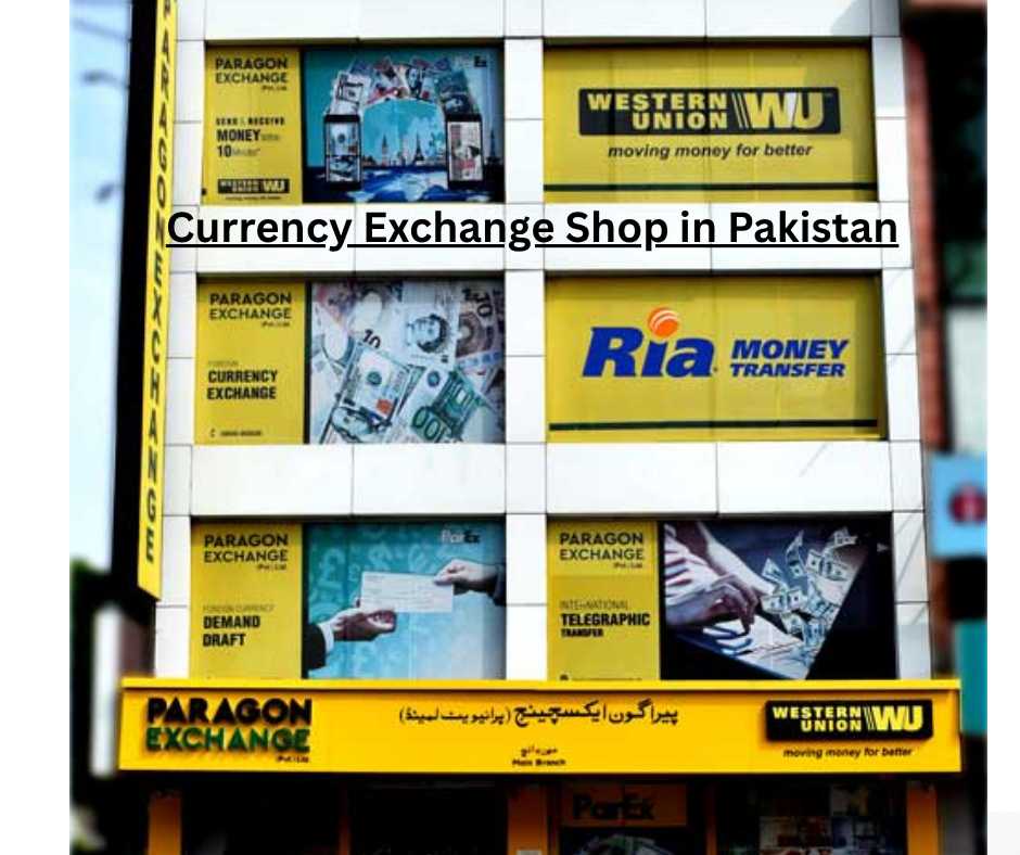 A currency exchange shop in Karachi with rates displayed on a board