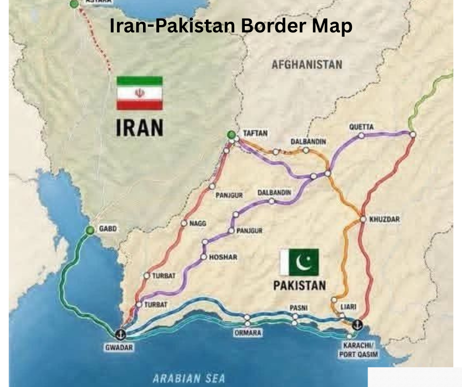 Map showing the 900 kilometer border between Iran and Pakistan with major crossing points near Taftan and Gwadar