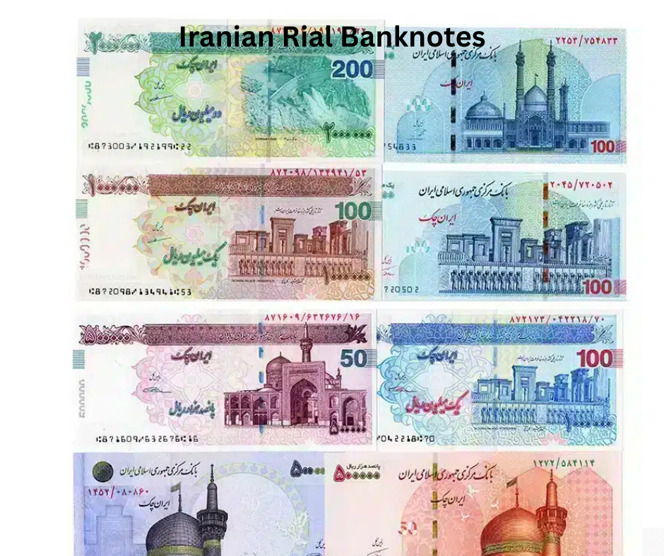 Stack of Iranian rial banknotes showing different colors and denominations
