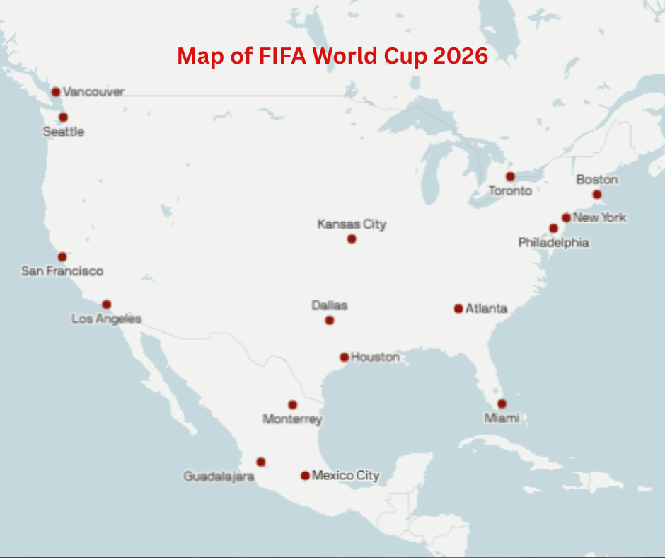Map of FIFA World Cup 2026 host cities showing 11 locations in the United States, 3 in Mexico, and 2 in Canada