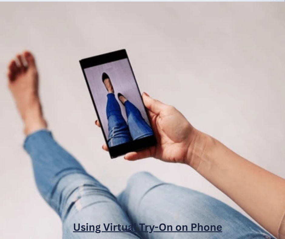 Woman holding smartphone with augmented reality overlay showing a dress on her body