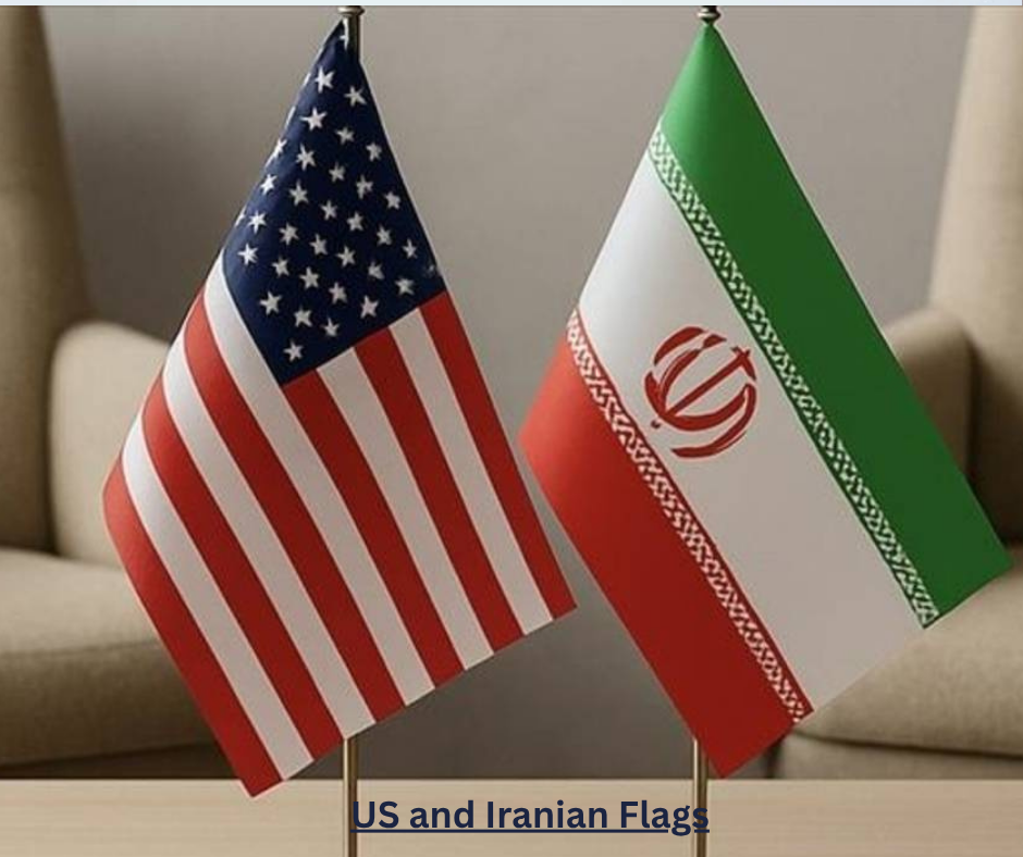 American and Iranian flags on a table with a Pakistan flag in the middle, symbolizing mediation