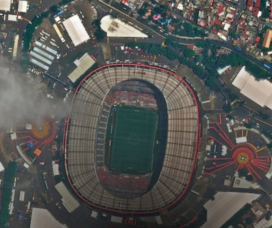 Exterior aerial view of Estadio Azteca in Mexico City, host of the 2026 World Cup opening match