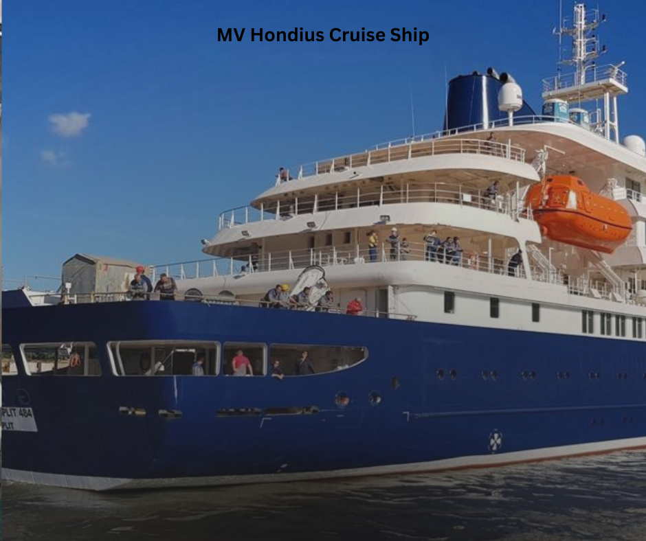 MV Hondius cruise ship at sea, a white expedition vessel with orange details