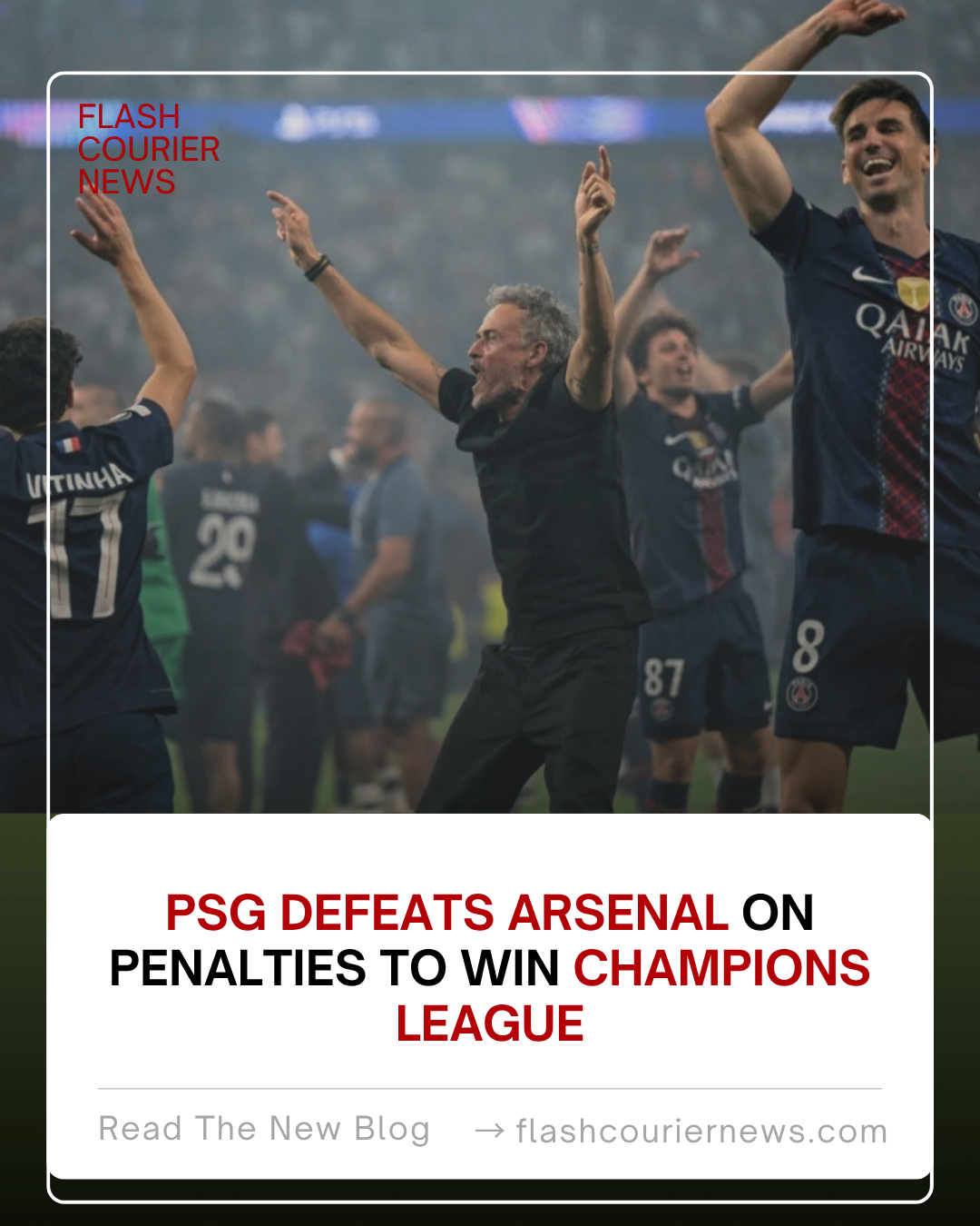 Paris Saint-Germain players celebrate their historic PSG Champions League triumph on the pitch after winning the penalty shootout.