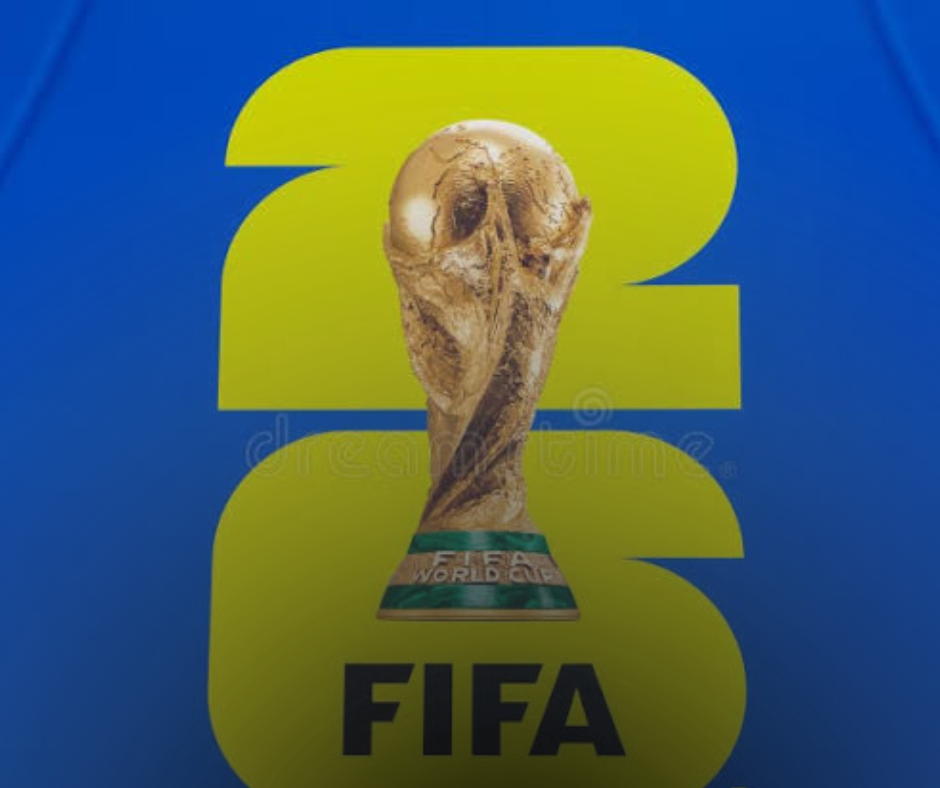 Official FIFA World Cup 2026 logo featuring the number 26 and trophy outline with host nation flags