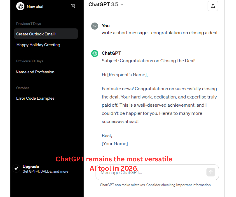 ChatGPT interface showing a user asking for help drafting an email with the AI's response