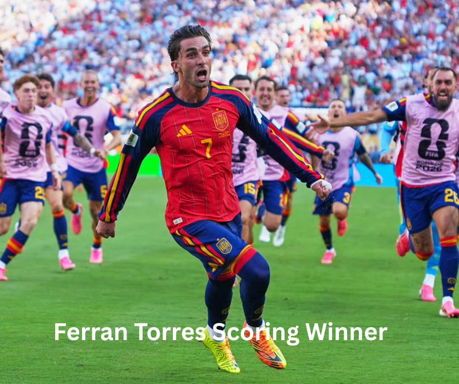 Ferran Torres celebrating after scoring the winning goal for Spain against Argentina in the World Cup final