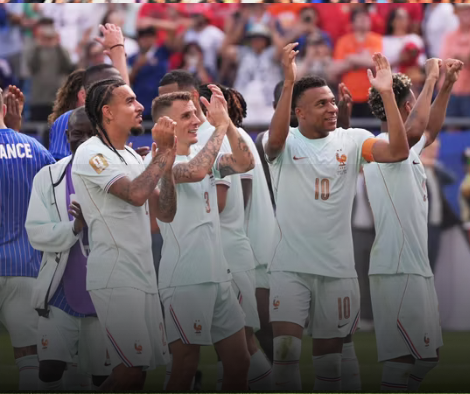 France players celebrating their 2-0 victory over Morocco, advancing to the World Cup semi-finals.