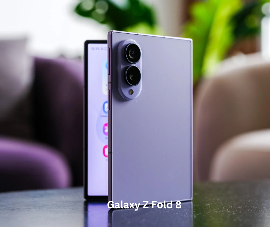 Samsung Galaxy Z Fold 8 unfolded showing the new wider 4:3 aspect ratio display in Lavender color