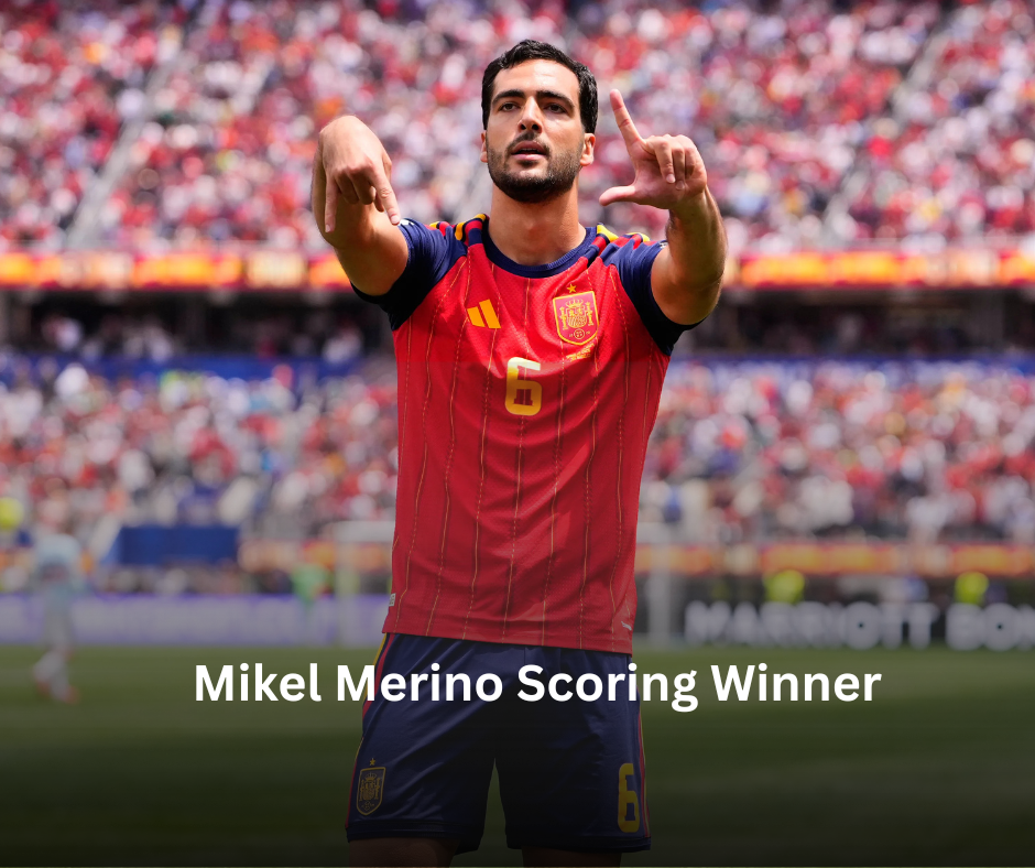 Mikel Merino celebrating after scoring the winning goal for Spain against Belgium in the World Cup quarter-final
