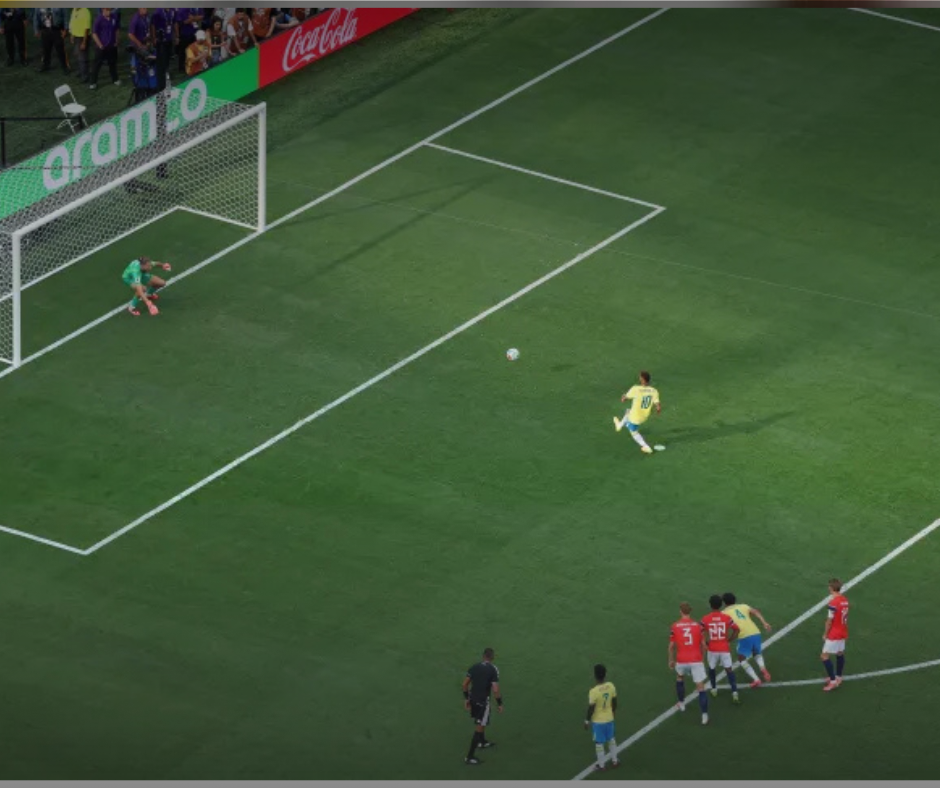 Neymar celebrating his stoppage-time penalty goal against Norway in the 2026 World Cup Round of 16, his final goal for Brazil