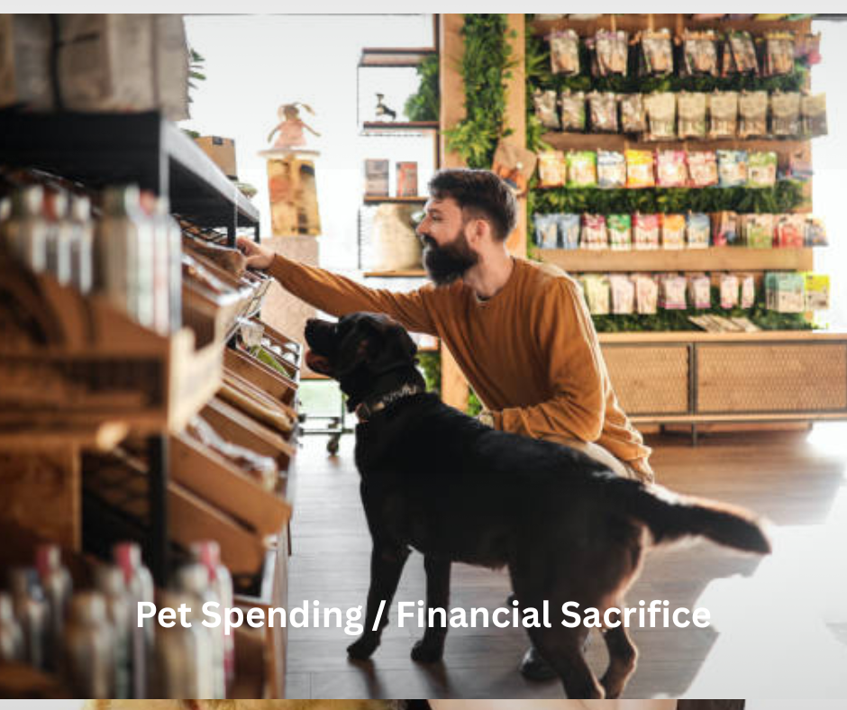 Pet owner at a pet store holding expensive dog food and looking at the price tag with a worried expression