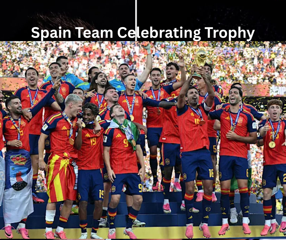 Spain players lifting the FIFA World Cup trophy after defeating Argentina in the 2026 final at MetLife Stadium