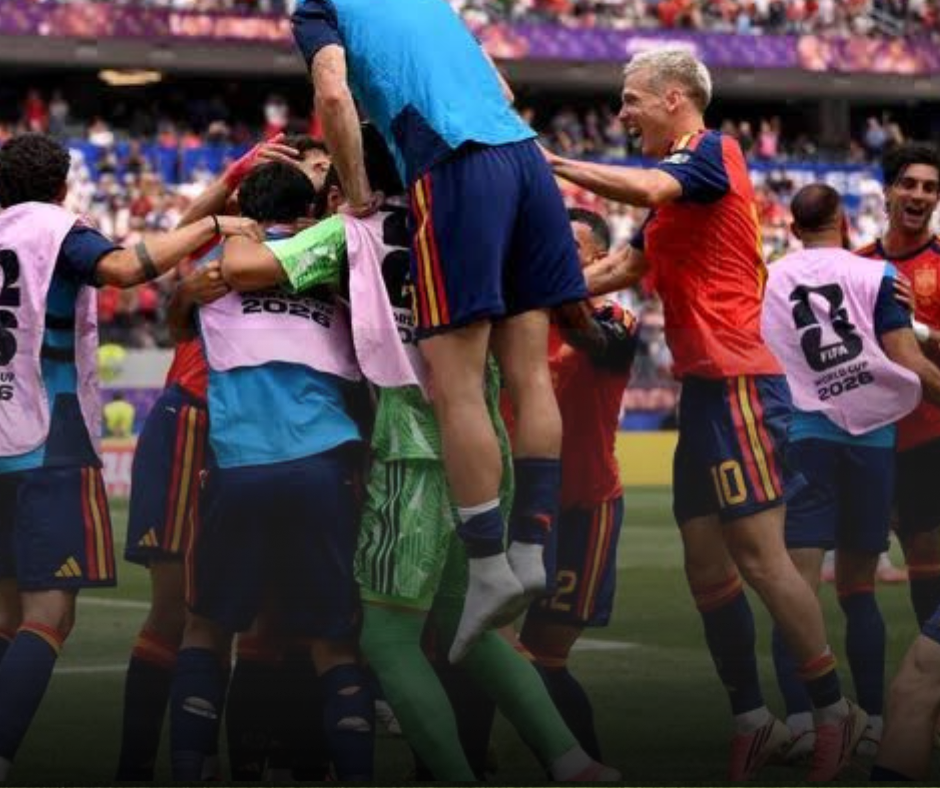 Spain players celebrating their 2-1 victory over Belgium, advancing to the World Cup semi-finals at SoFi Stadium in Los Angeles