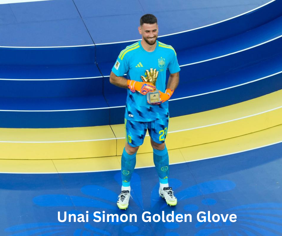 Spain goalkeeper Unai Simon holding the Golden Glove award after the World Cup final
