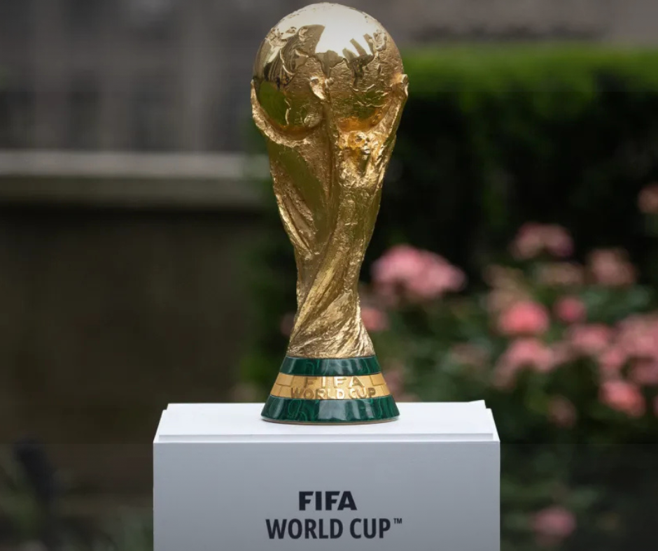 FIFA World Cup trophy on display, symbolizing the prize awaiting the semi-final winners